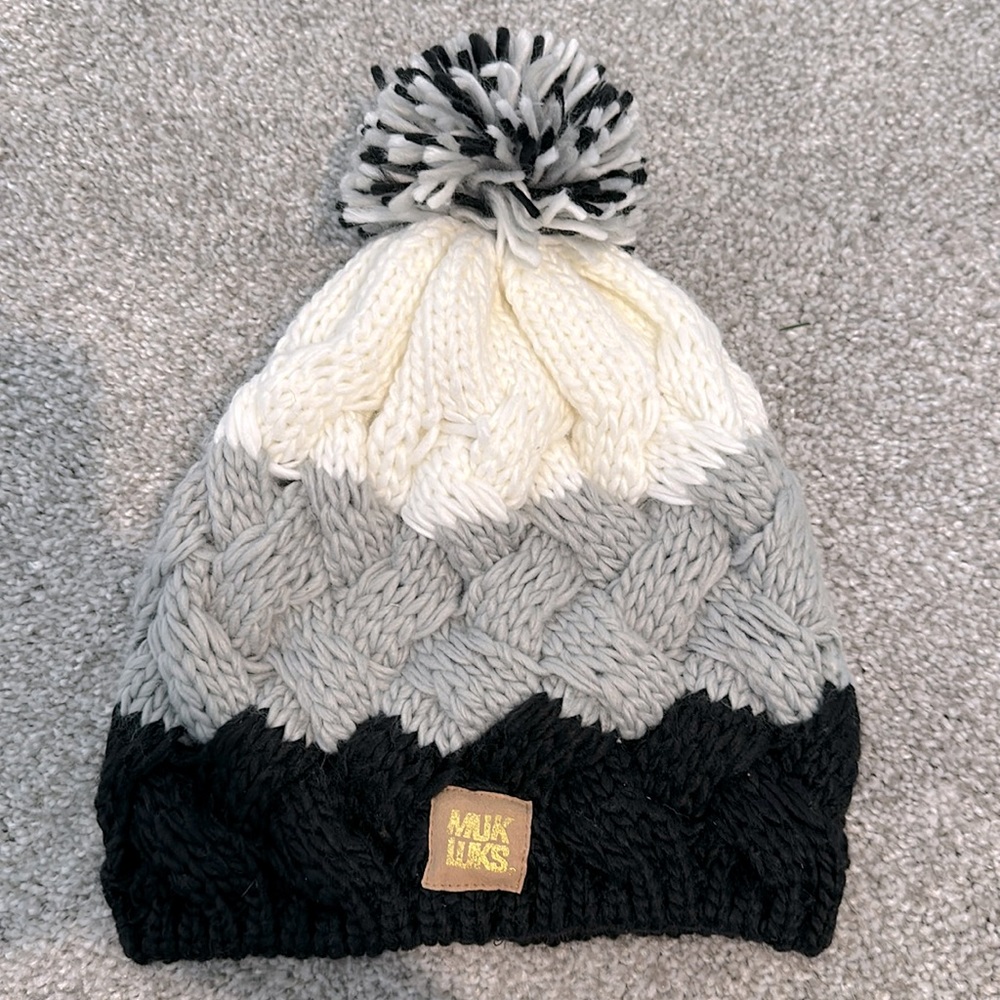 Muk Luks Black white and gray knitted beanie with Pom Pom
